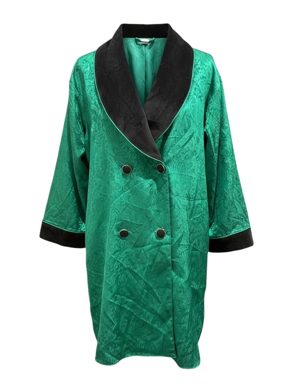 Victoria's Secret Gold Label Green Satin Jacquard Robe with Black Velvet Collar